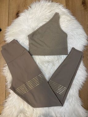 ALO One-Shoulder Crop Top & High-Waist Leggings Set in Taupe - Size Small